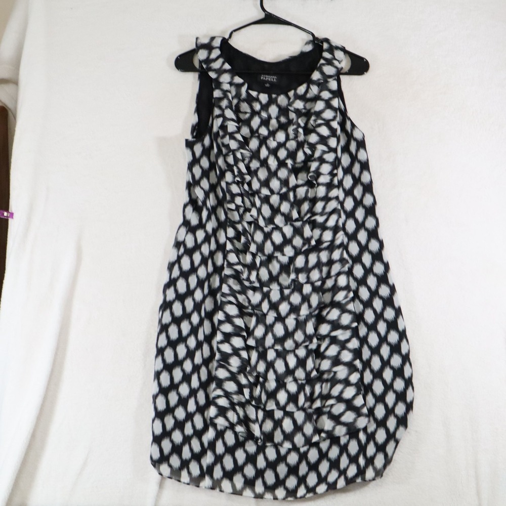 Adrianna Papell 14 Black White Ikat Dot Print Ruffle Front Sleeveless Dress